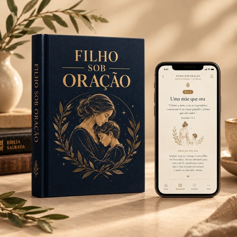 Devocional Filho Sob Oração com a ilustração de mãe e filho na capa, ao lado de um celular mostrando o Dia 1 e a oração do dia